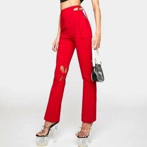 Zemeta ✦ Holey Pray Cut-Out Pants Sz M ✦ Cherry Red Semi-Flare High Waist NWT